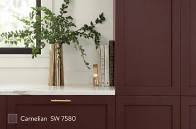White marble kitchen countertops with cabinets painted Carnelian SW 7580.
