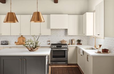 A kitchen with cabinets and walls painted Shoji White.