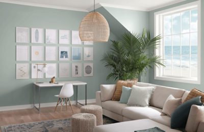 A living room painted Silvermist.