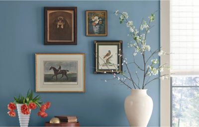 An accent wall painted in Smoky Azurite.