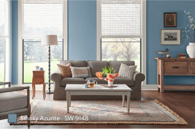 A living room painted Smoky Azurite SW 9148.