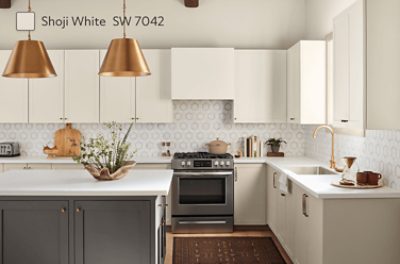 A kitchen with cabinets painted Shoji White SW 7042