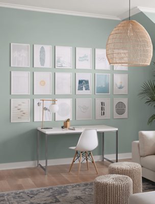 Desk area with gallery wall painted in Silvermist SW 7621.