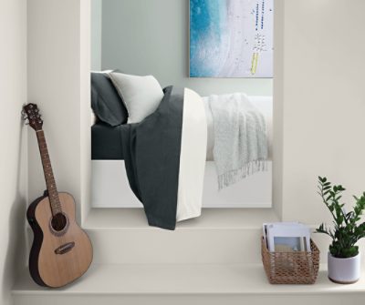 Bedroom painted in Silvermist SW 7621.