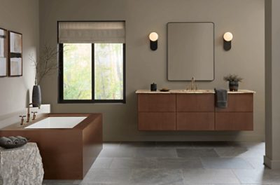 Modern bathroom with wooden vanity, bathtub, and window, walls painted in SW 9172 Studio Clay.