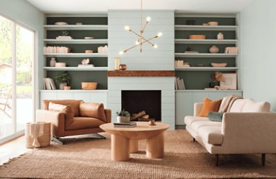 A living room painted Copen Blue.