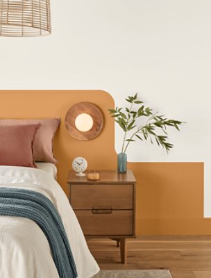 Bedroom painted in Bakelite Gold.