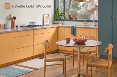 Kitchen cabinets painted in Bakelite Gold SW 6368.