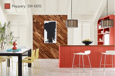 A kitchen with island and open cabinets painted Peppery SW 6615.