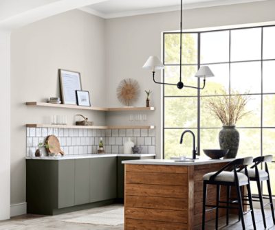 Kitchen painted in Drift of Mist SW 9166.