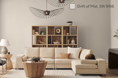 Living room painted in Drift of Mist SW 9166.