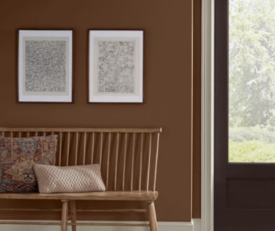 Entryway double doors with windows, to the left walls painted in SW 6089 Grounded with two prints hanging and a wooden bench with pillows.