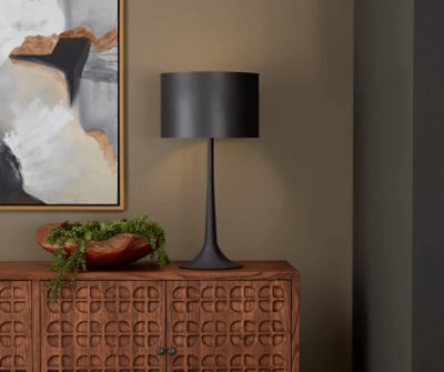 Wall painted in SW 7675 Sealskin, wooden cabinet with black lamp on top of it.