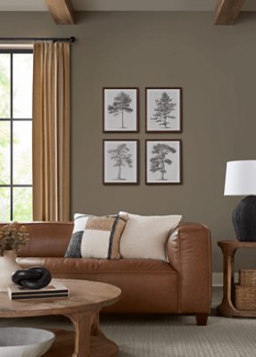 Living room painted in SW 9172 Studio Clay with brown leather couch, some tree prints on the wall and minimal decor.