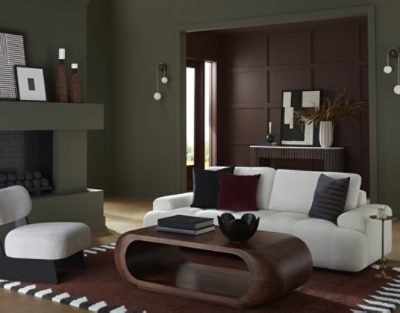 Living room painted in SW 6167 Garden Gate with a white couch and table behind it with decor.