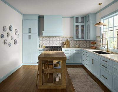 Kitchen cabinets painted in SW 6218 Tradewind, printed backsplash.