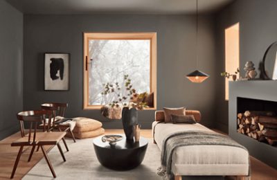 A living room painted Urbane Bronze.