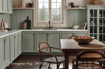 A kitchen painted Evergreen Fog SW 9130.