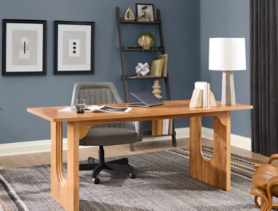 Office painted in SW 6249 Storm Cloud with light decor, a bookshelf, wooden desk over a large rug.