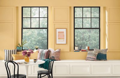 A breakfast nook painted White Raisin.