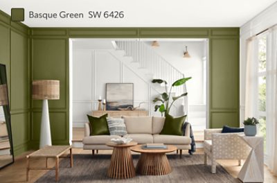 Sitting room painted in SW 6426 Basque Green.