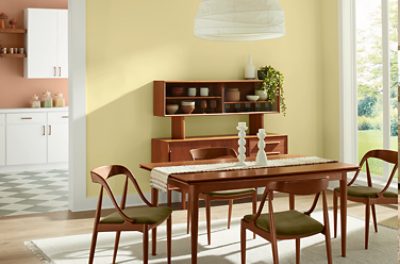 Kitchen table and chairs over an area rug, walls painted in SW 1667 Icy Lemonade, shelving full of kitchenware.
