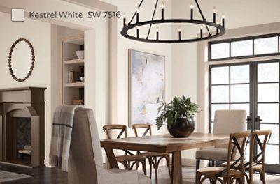 Dining room painted in Kestrel White SW 7516.