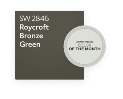 Sherwin Williams Color of the Month color chip Roycroft Bronze Green SW 2846.