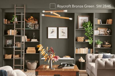 Open room painted in Roycroft Bronze Green SW 2846.