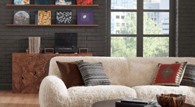 Brick wall painted in SW 7675 Sealskin with shelves of records and record player on a table, cream couch with throw pillows in front of it.