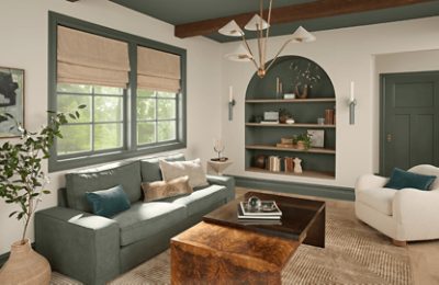 A living room with accents and trim painted Rosemary.