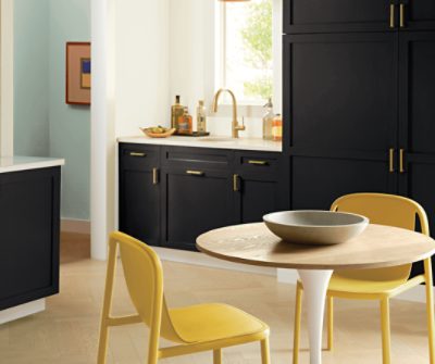 Kitchen cabinets painted in Black Magic SW 6991.