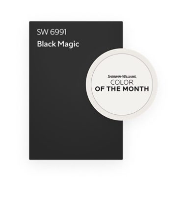 Sherwin Williams Color of the month color chip Black Magic SW 6991.