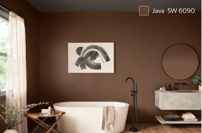 Bathroom with a free-standing tub painted in SW 6090 Java.