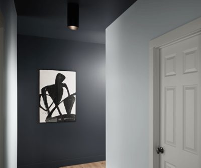 A hallway and ceiling painted SW 7076 Cyberspace with a black and white art print.