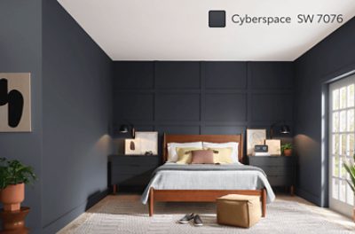 A moody bedroom painted SW 7076 Cyberspace with French doors. 