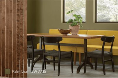 Kitchen sitting area painted in Palm Leaf SW 7735.