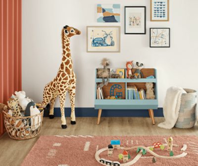 A child's playroom with colorful accents on walls painted Snowbound SW 7004.