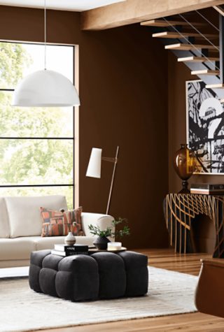 Large living room painted Sherwin-Williams Grounded SW6089 with dark wooden floors alongside a white couch and area rug.