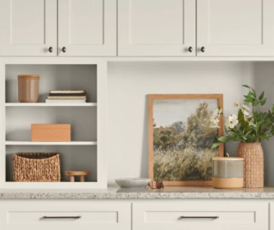 Wooden kitchen cabinets painted Sherwin-Williams Sunbleached SW9585 with black handles.