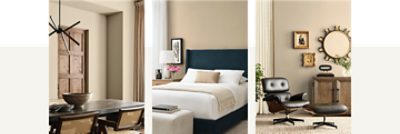 Three room images featuring Universal Khaki SW 6150. Left: Dining room with modern light fixture, dark wooden table with chairs. Middle: bedroom with bed with white comforter, bedroom bench and nightstand. Right: Living space with black leather recline and ottoman next to a dresser with a circular mirror above.