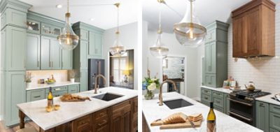 Kitchen with pastel green cabinets, large dark wood island, white marble countertops and high ceilings.