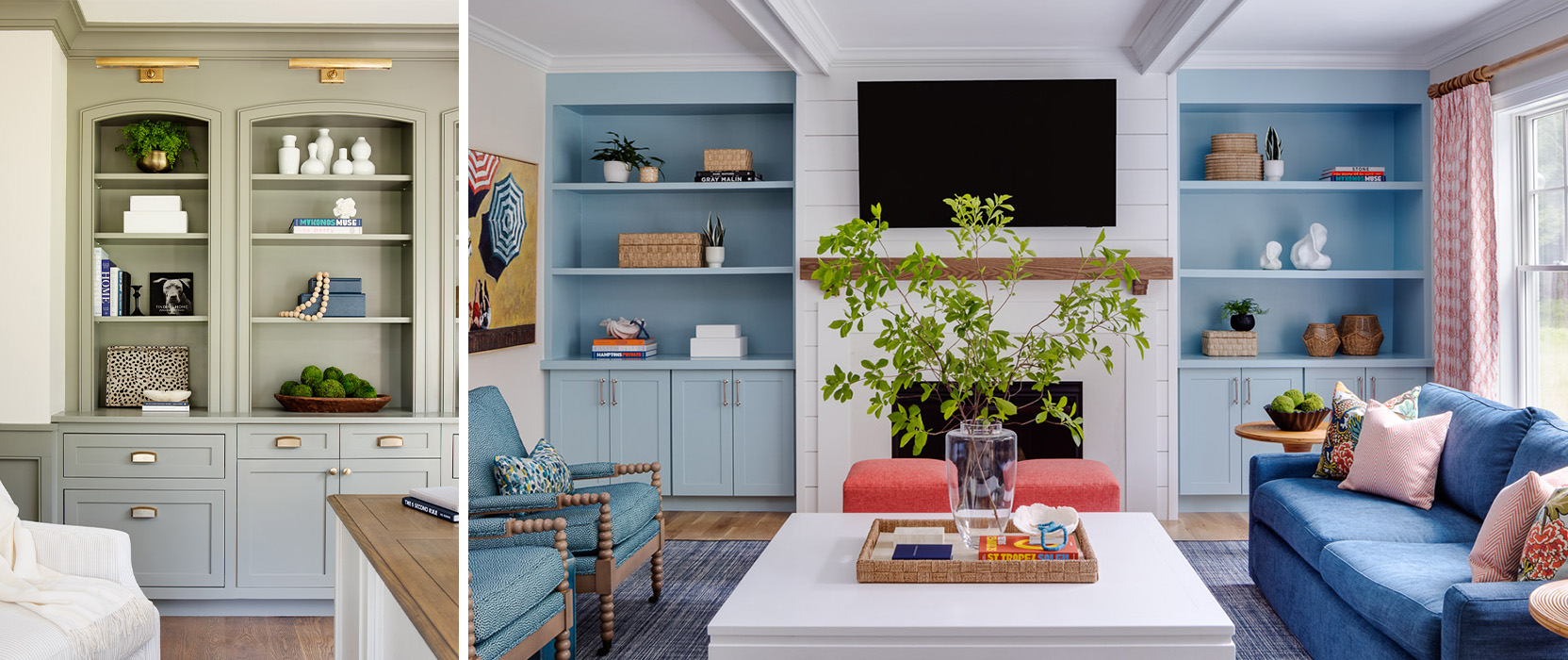 Left image: Built-in bookshelves and cabinets in living room with styled accessories and metallic brass hardware and gallery lighting. Right image: Living room with decor and furnishings in shades of blue and pink, large square white coffee table in front of fireplace and TV flanked by light blue painted built-ins.