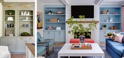 Left image: Built-in bookshelves and cabinets in living room with styled accessories and metallic brass hardware and gallery lighting. Right image: Living room with decor and furnishings in shades of blue and pink, large square white coffee table in front of fireplace and TV flanked by light blue painted built-ins.