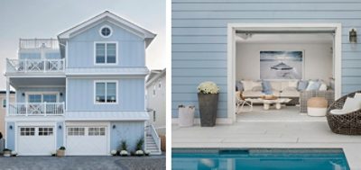 Coastal style home exterior painted light blue with white trim and multilevel balcony railings, including tighter shot of sitting area by pool accessed by garage door.