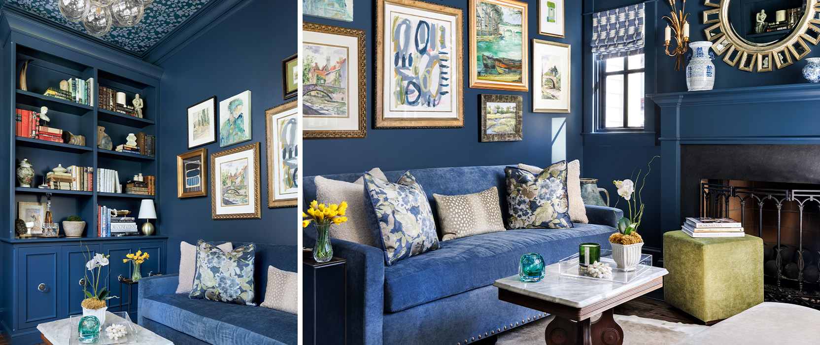 Maximalist style living room with dark blue walls, trim and sofa in front of gallery wall near built-in shelving and fireplace.