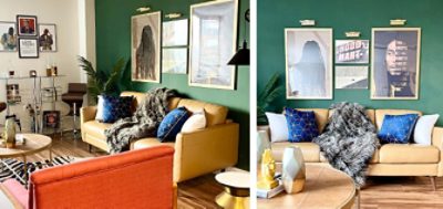 Eclectic living room with dark green accent wall and framed photo art with natural leather sofa, red-orange chair, faux zebra rug and a mix of accent tables.