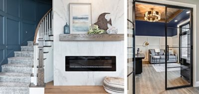 Left image: Carpeted stairwell with blue millwork wall curving around a modern electric fireplace topped by coastal-inspired decor on mantel. Right image: Modern glass French doors with black panes looking into living room with gray couch, white painted molding and navy blue walls.