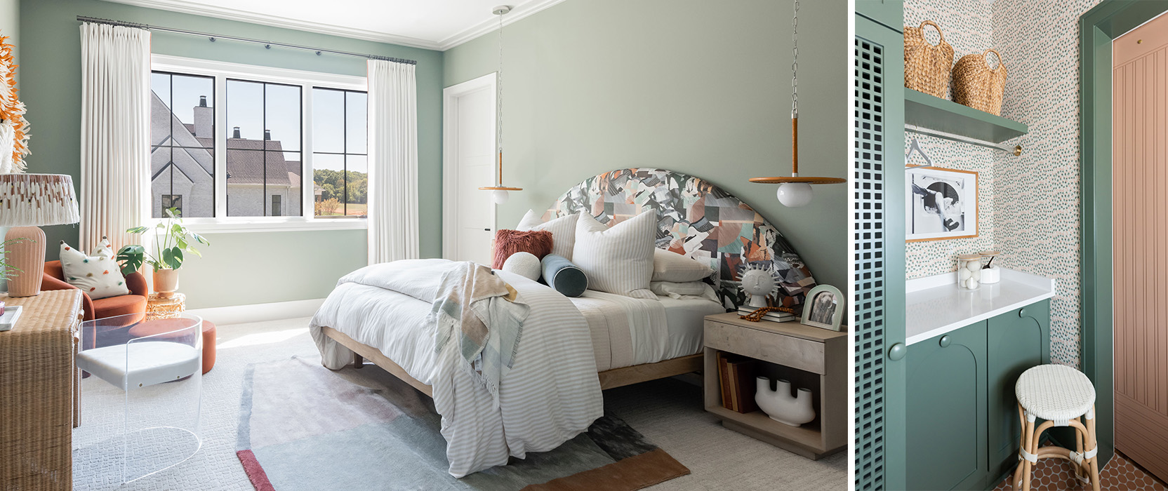 Left image: Soft green bedroom on a sunny day with lots of throw pillows and blankets on bed with oversized arch fabric-covered headboard, neutral accents and white curtains. Right image: Green built-ins and coordinating wallpapered walls in storage area with white countertop.