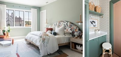 Left image: Soft green bedroom on a sunny day with lots of throw pillows and blankets on bed with oversized arch fabric-covered headboard, neutral accents and white curtains. Right image: Green built-ins and coordinating wallpapered walls in storage area with white countertop.